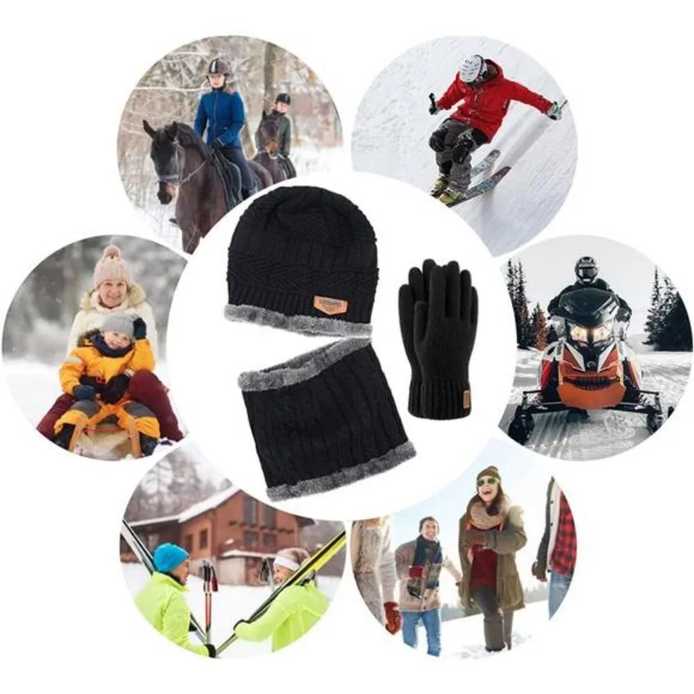 Warm Winter Beanie Hat & Scarf Gloves Set Stylish Knit Skull Cap Unisex